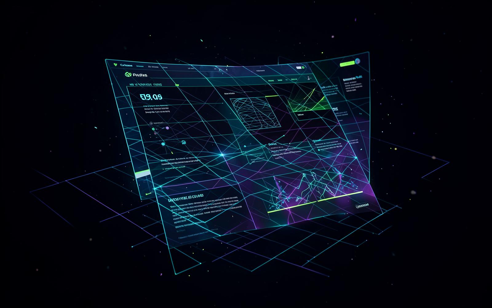 AI generating a modern website layout on a glowing wireframe grid